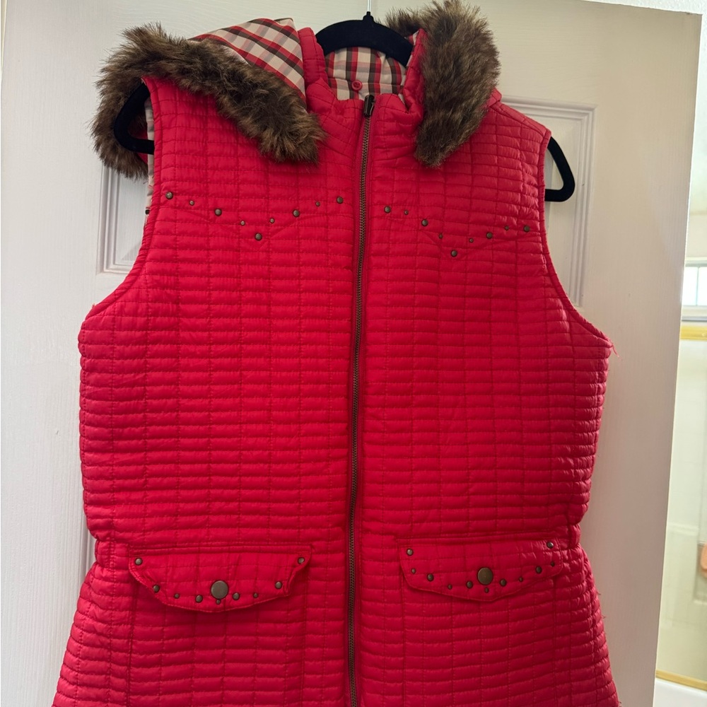Adiktd Red Quilted reversible  Vest with Faux Fur Trim